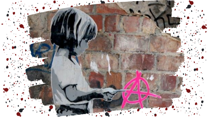 Image of street art featuring a black and white little girl drawing a pink anarchist A on a brick wall.