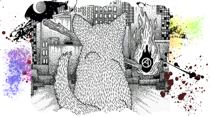 The back of a cat while they hold a flaming stick. At the flaming end is a spot with a Circle A. They're staring at a city skyline.